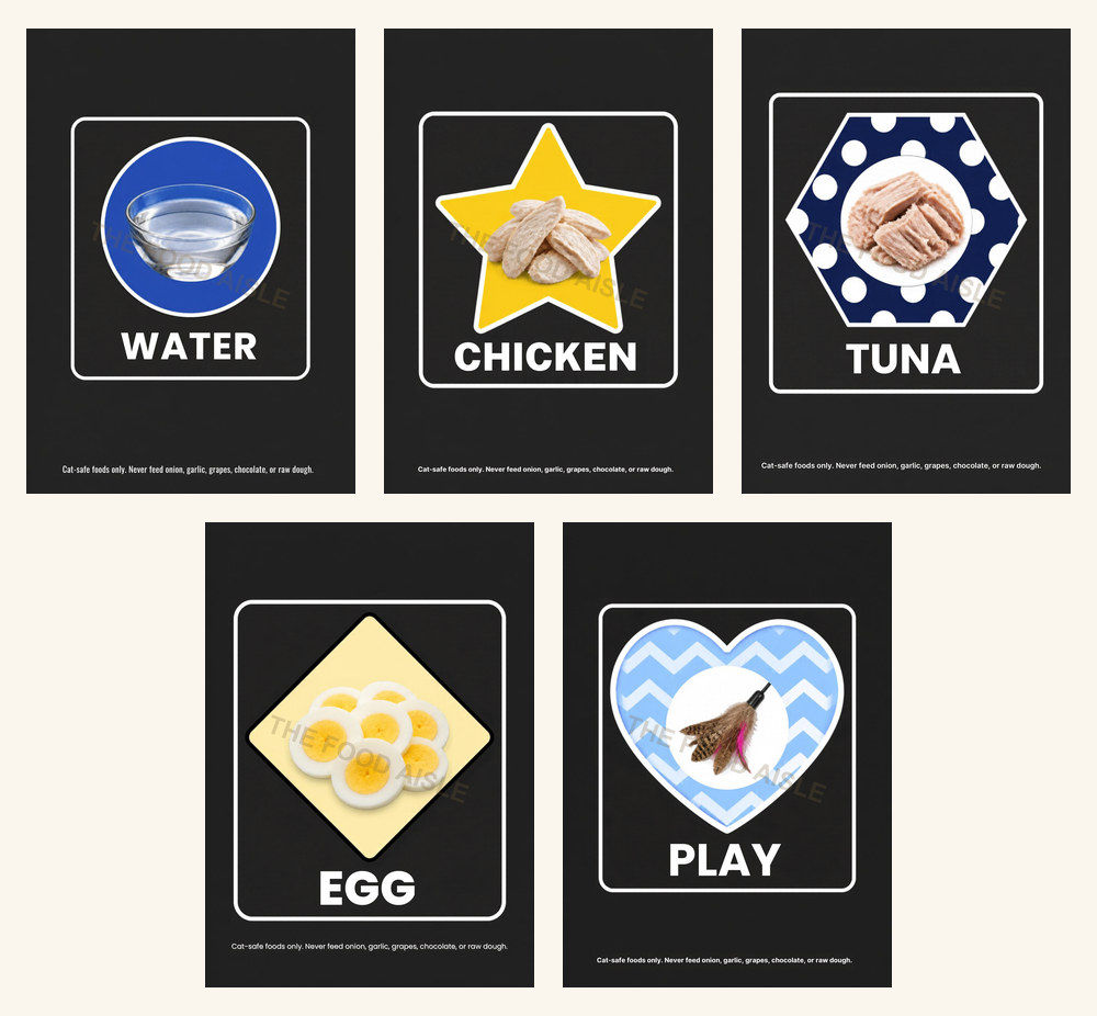 Five printable cat choice tiles in blue and yellow: water, chicken, tuna, egg, play
