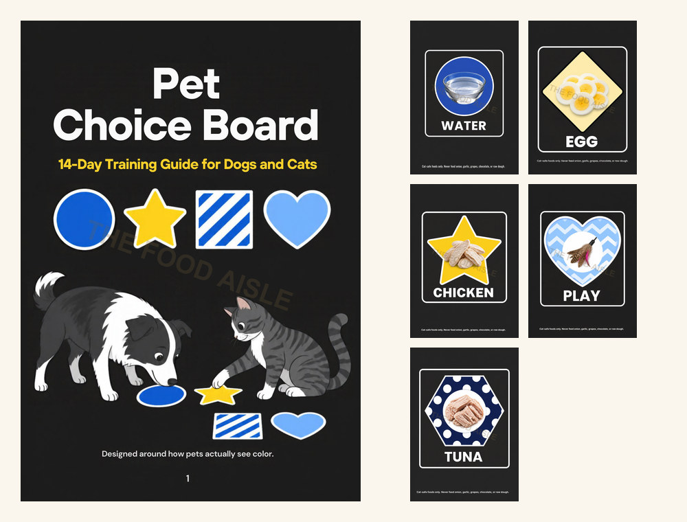 Cat Choice Board Complete Kit: the 14-Day Training Guide cover beside five printable cat choice tiles
