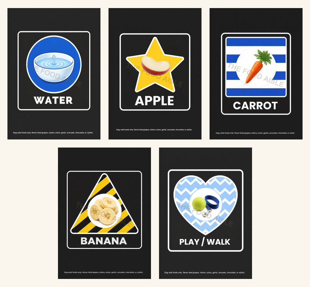 Five printable dog choice tiles in blue and yellow: water, apple, carrot, banana, play / walk